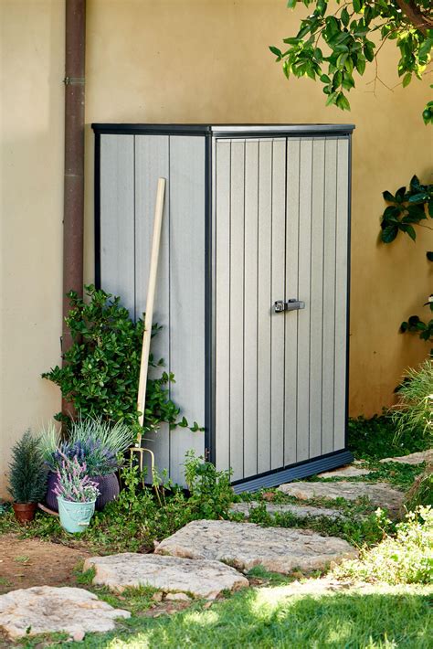 steel vertical outside storage box|outdoor storage shed vertical shelves.